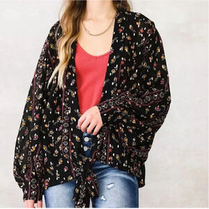 Willow + Root Floral Metallic Gold Sheer Wrap Kimono